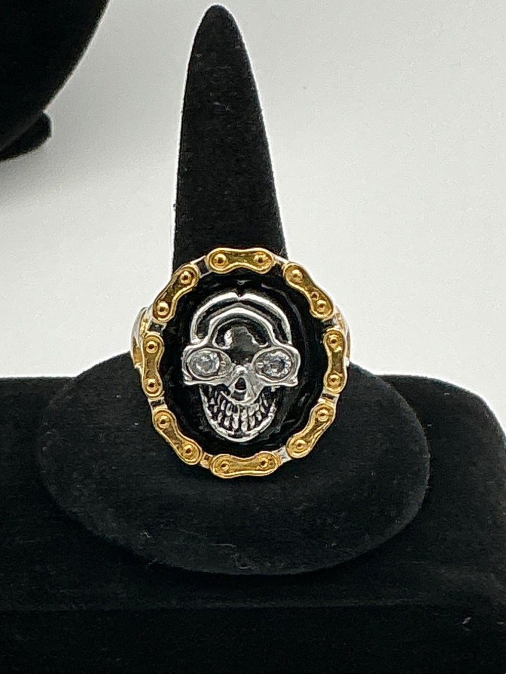Men's Stainless Steel Black Enamel Skull Signet Ring with Gold Chain Accent